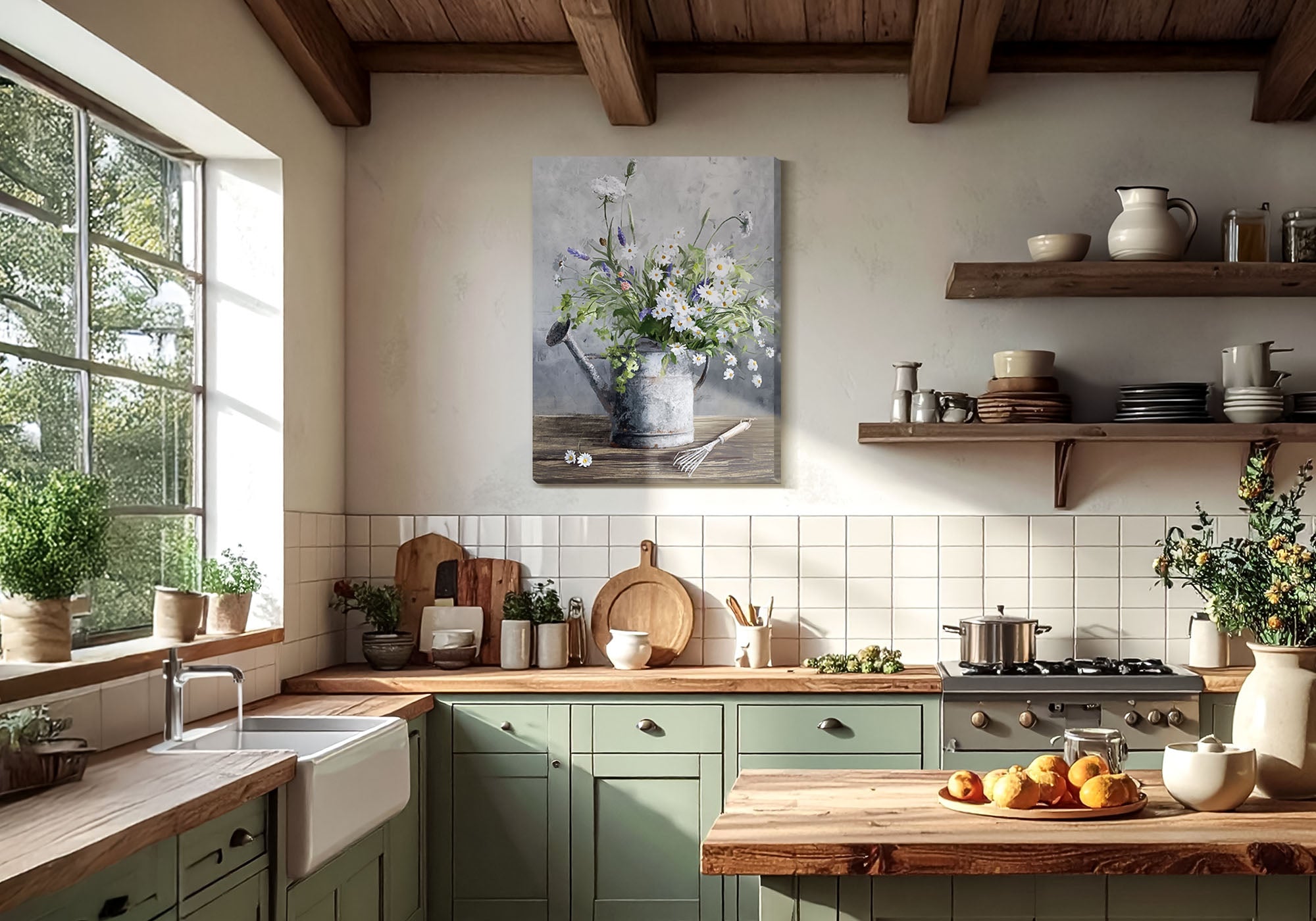 Cottage core wall art styled in a warm farmhouse kitchen — soft florals and garden scenes that look hand-picked