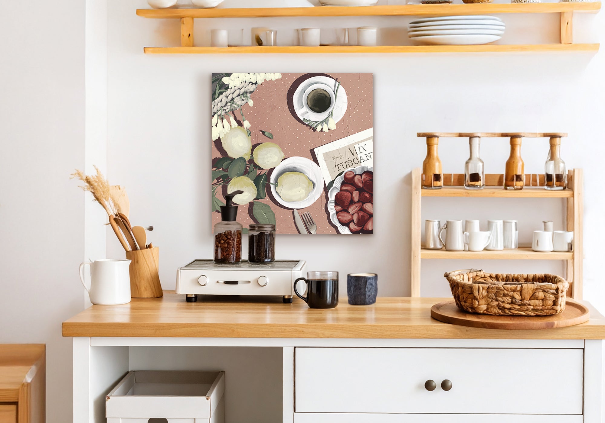 Food and beverage wall art styled in a kitchen — rich imagery celebrating flavour and the joy of gathering