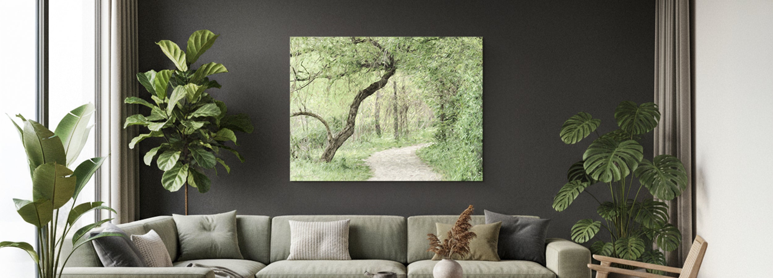 Biophilic living room with botanical canvas art, natural light, and greenery-inspired palette