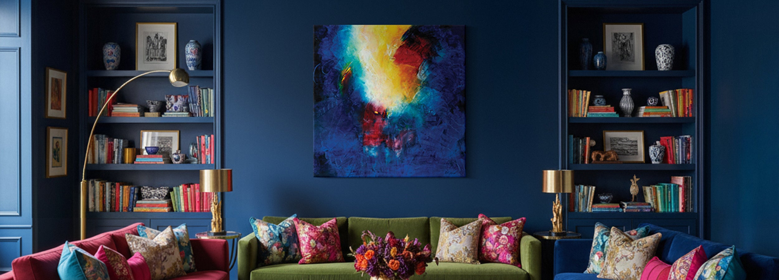 Bold and eclectic living room with expressive abstract art, deep tones, and layered textures