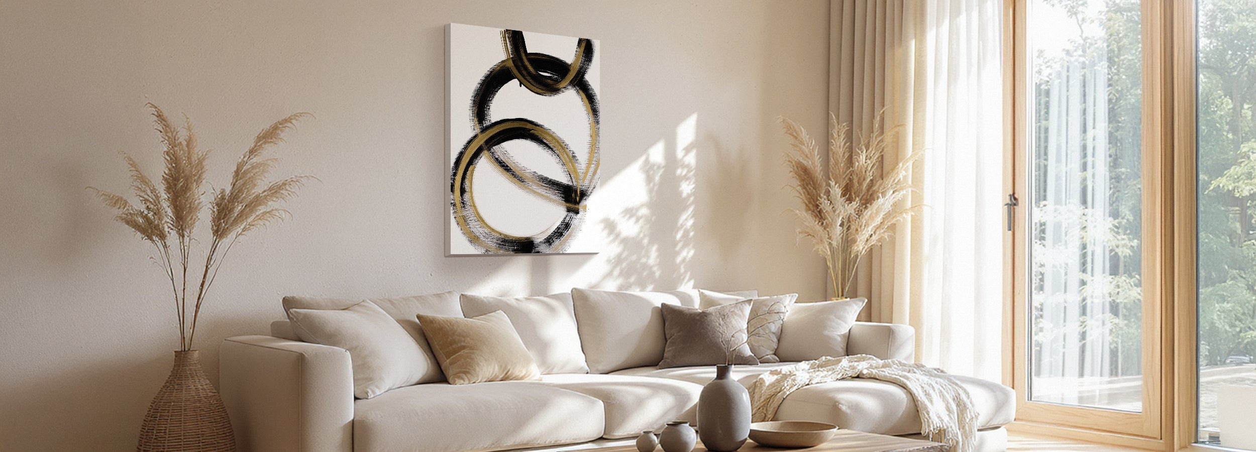 Modern minimalist living room with calm neutral palette and canvas wall art above a sofa