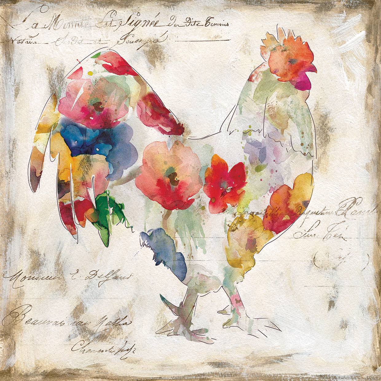 Flowered Rooster by Carol Robinson is a cheerful rooster and floral watercolor painting printed on canvas or framed canvas