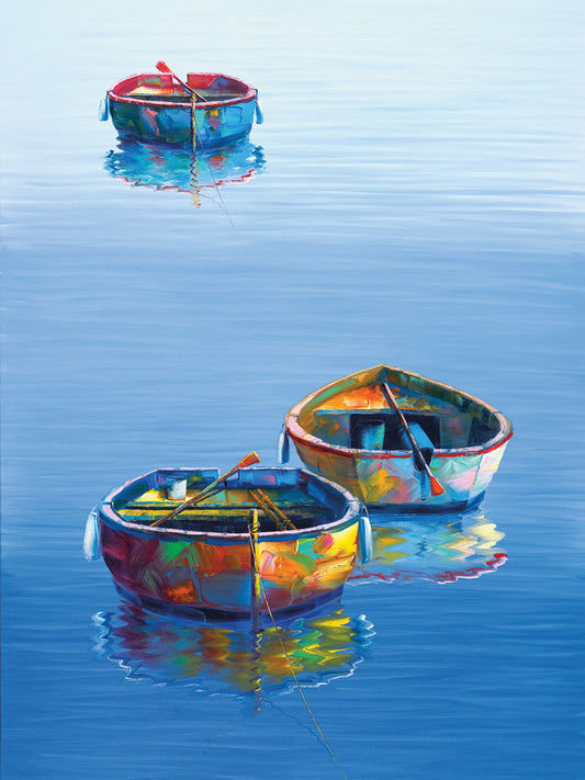 Three Boats Blue Vertical Canvas Prints