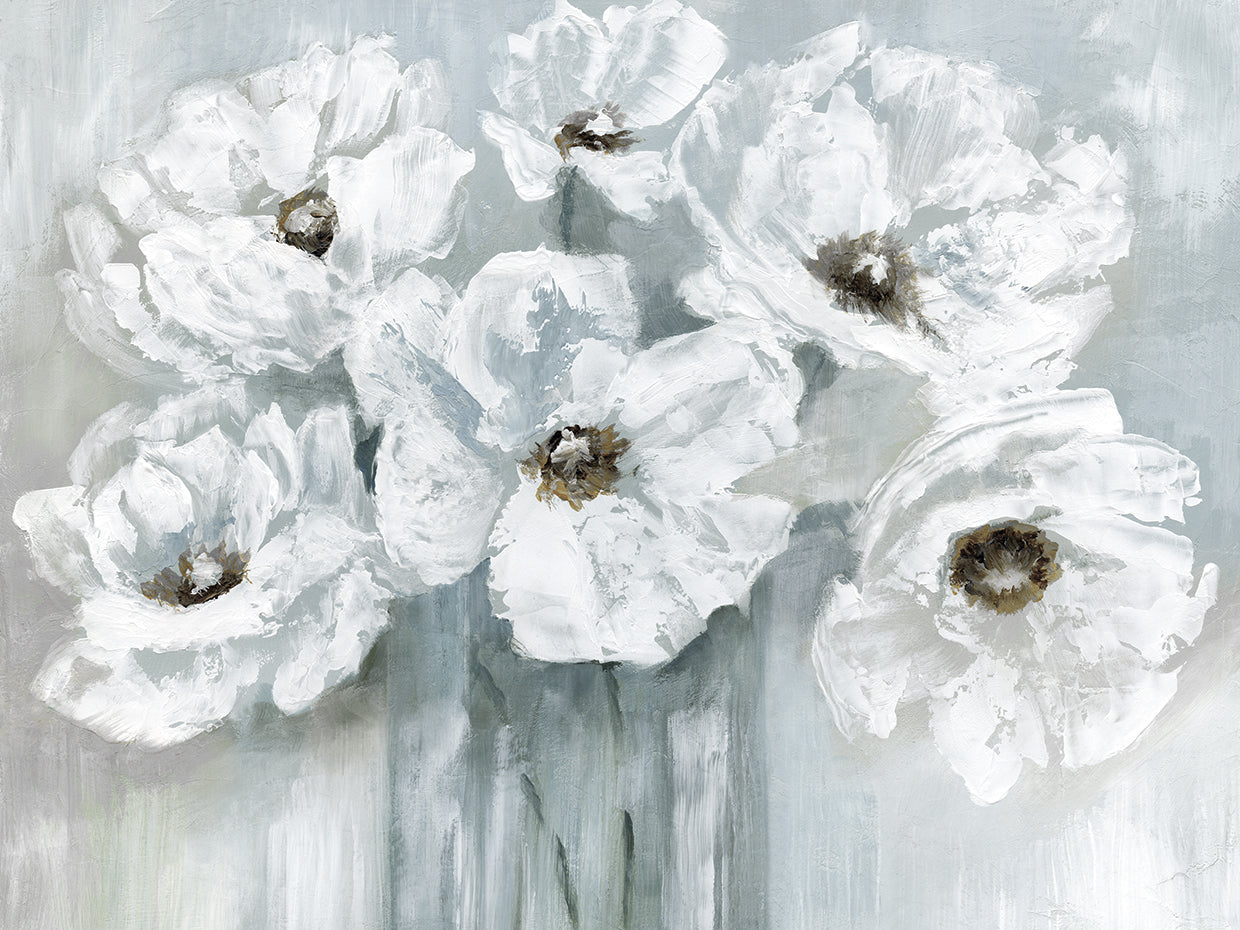 White Poppy Bouquet on Grey by Nan - museum quality wall art work on large canvas & framed canvas prints
