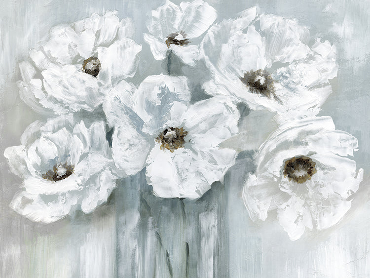 White Poppy Bouquet on Grey by Nan - museum quality wall art work on large canvas & framed canvas prints