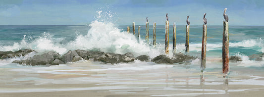 Perched by the Sea by Studio Arts is a warm sunny coastal seascape landscape painting printed on canvas or framed canvas