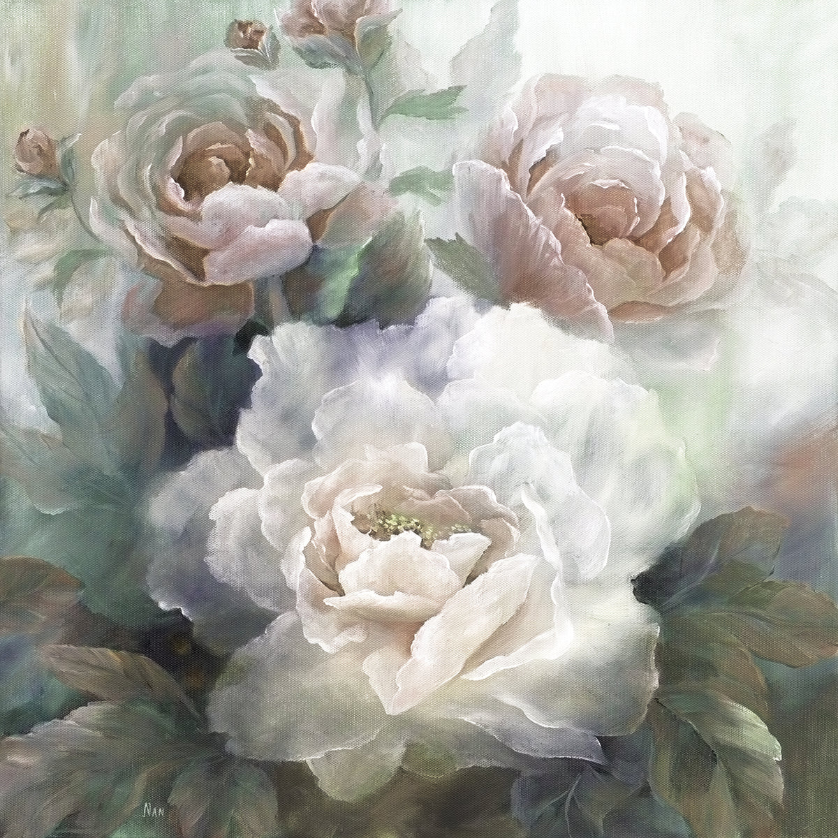 White Roses III Soft by Nan - best quality handcrafted wall art work on large canvas & framed canvas prints