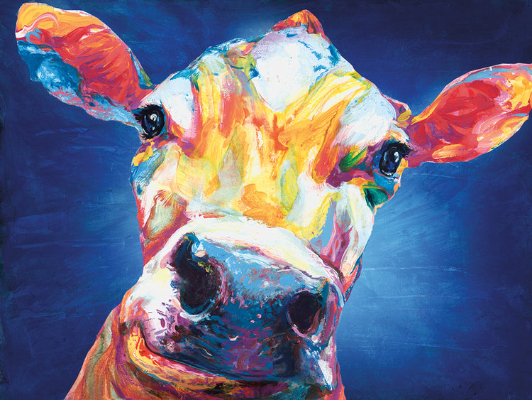 Smiley Cow Blue by Willowbrook Fine Art is a fun cow animal portrait painting printed on canvas or framed canvas