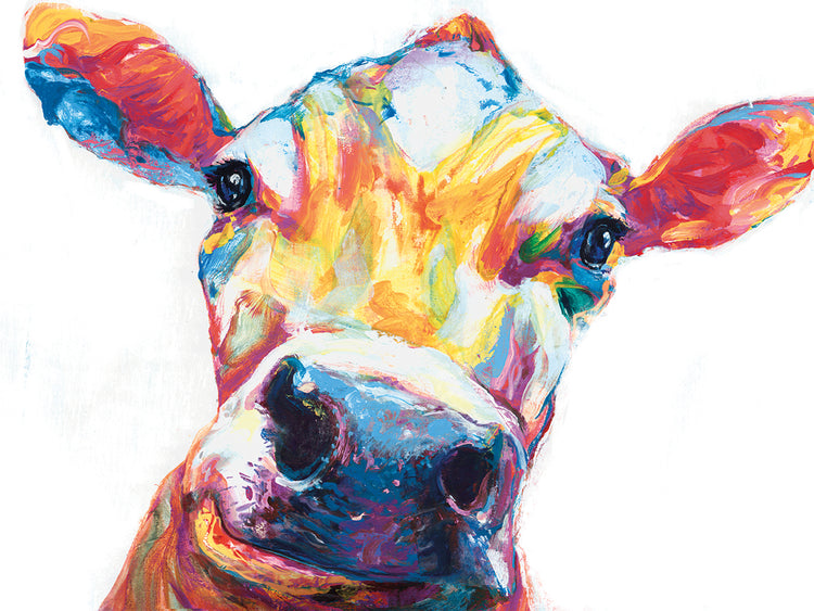 Smiley Cow White by Willowbrook Fine Art is colorful cow animal portrait painting printed on canvas or framed canvas