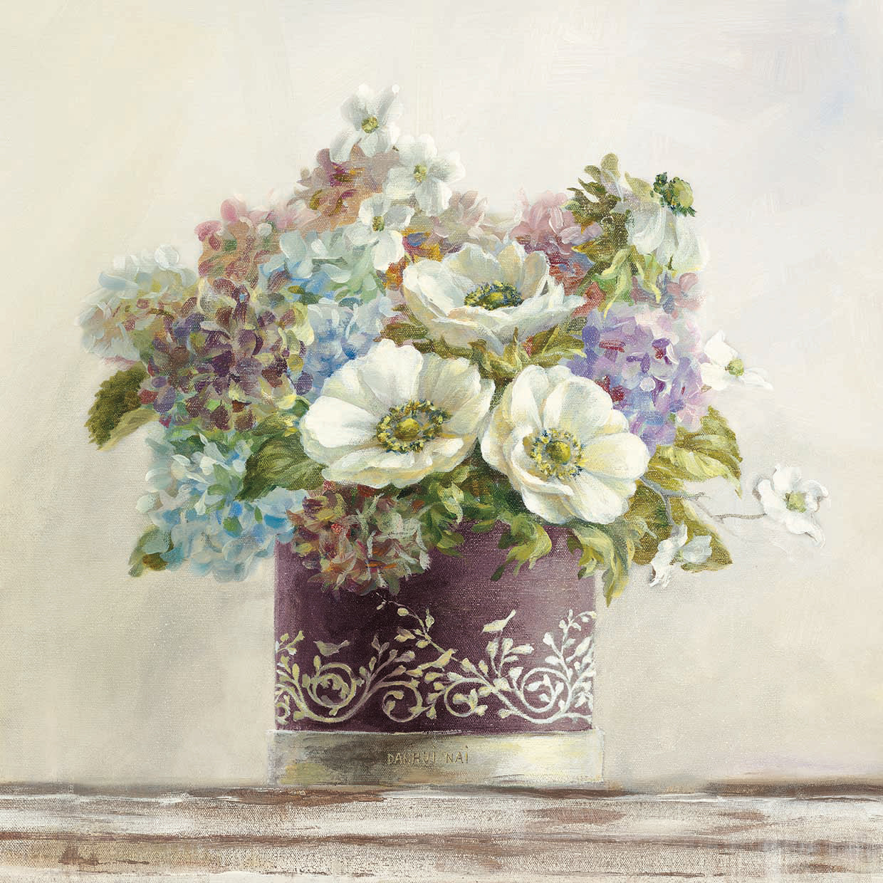 Anemones in Aubergine Hatbox by Danhui Nai - museum quality wall art work on large canvas & framed canvas prints