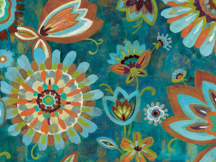 Decorative Peacock Floral Mustard and Eggplant by Silvia Vassileva - larger sizes handcrafted wall art work on large canvas & framed canvas prints