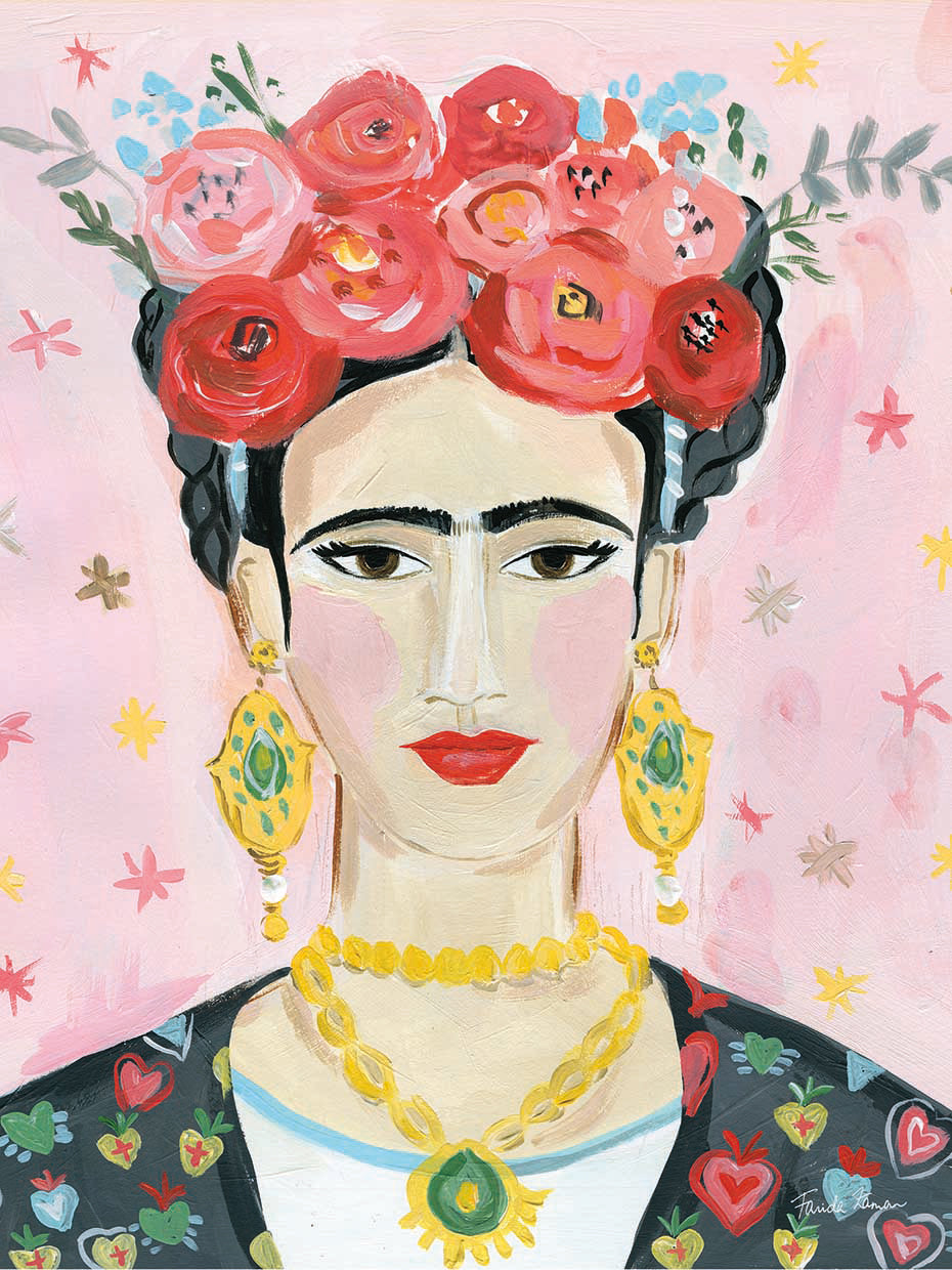 Homage to Frida by Farida Zaman is a portrait of renowned & beloved Mexican artist Frida Kahlo printed on canvas or framed canvas