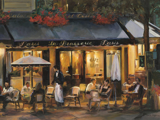 La Brasserie by Marilyn Hageman is a colorful and painterly Paris cafe printed on canvas or framed canvas