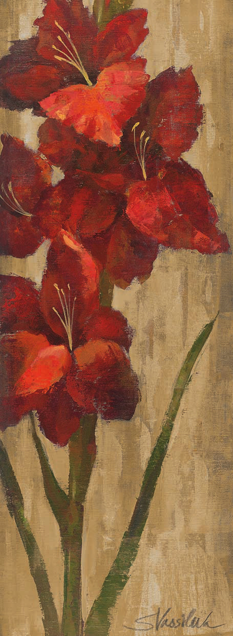 Vivid Red Gladiola on Gold by Silvia Vassileva - museum quality wall art work on large canvas & framed canvas prints