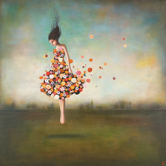 Boundlessness in Bloom by Duy Huynh is a magical and symbolic figure painting printed on canvas or framed canvas