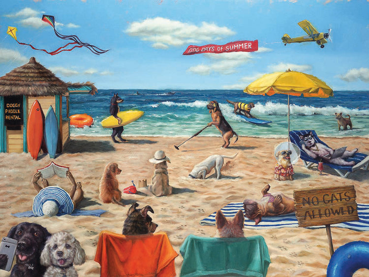 Dog Beach by Lucia Heffernan is an imaginative beach painting featuring man's best friend printed on canvas or framed canvas