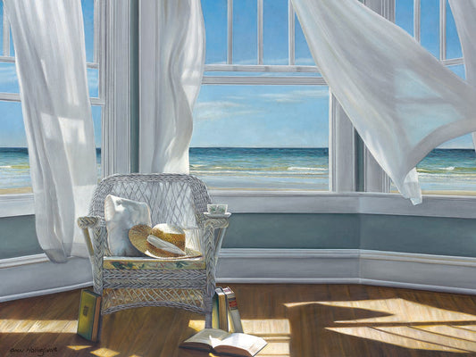 Gentle Reader by Karen Hollingsworth is a breezy interior coastal landscape painting printed on canvas or framed canvas
