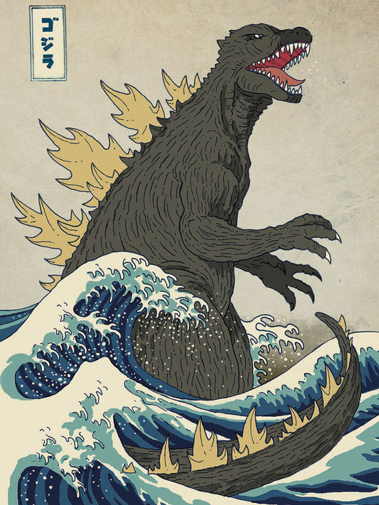 The Great Monster off Kanagawa by Michael Buxton is a colorful and whimsical painting printed on canvas or framed canvas