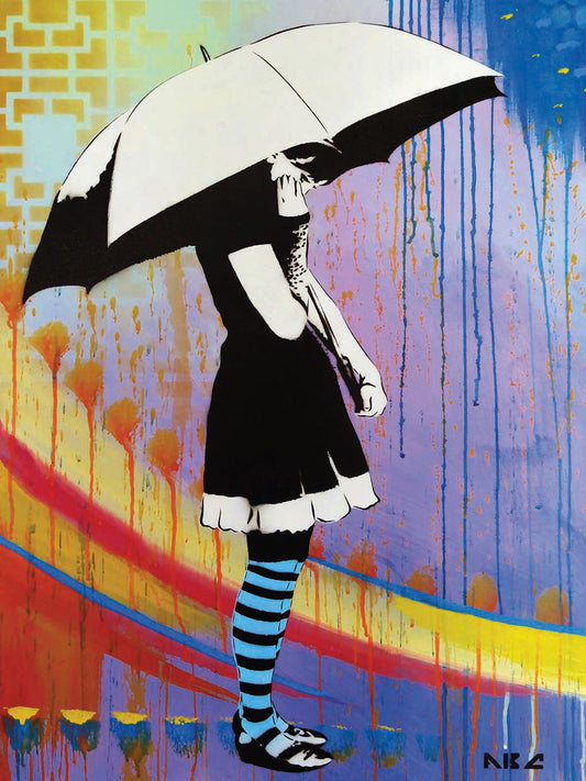 Waiting for the Rain by AbcArtAttack is a colorful and contemporary figure painting printed on canvas or framed canvas