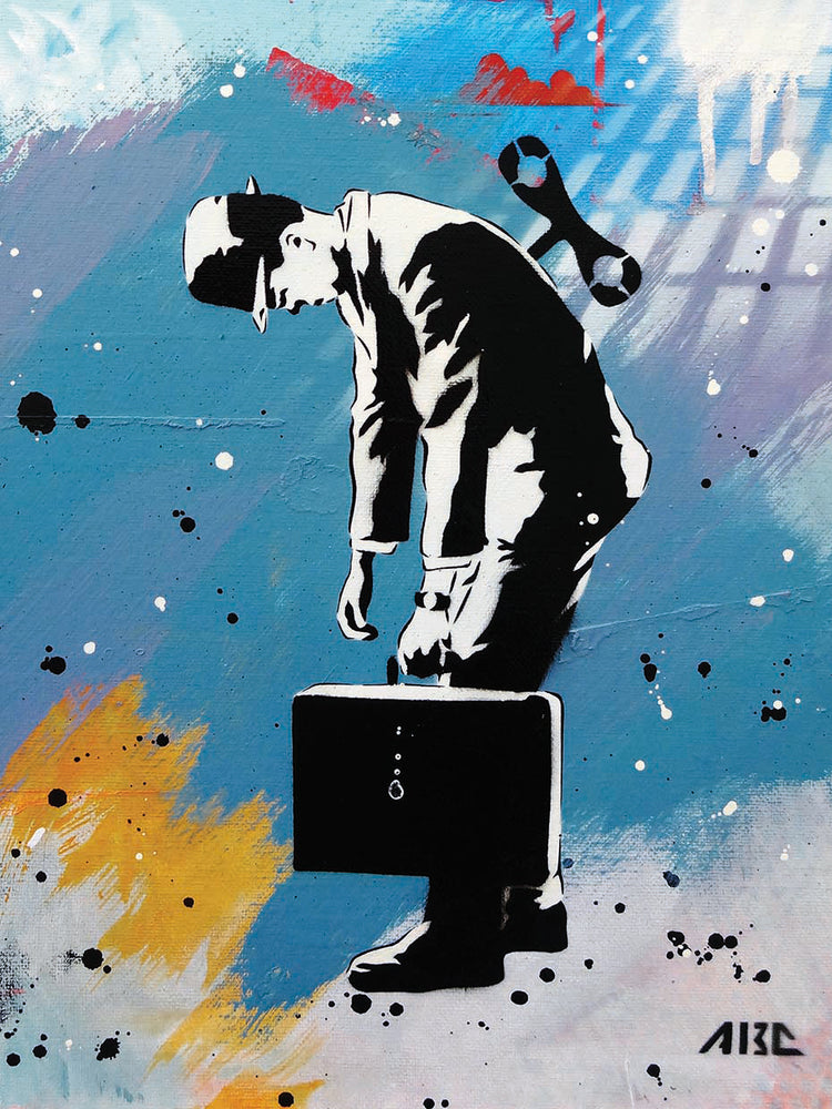 Windup for the Wind Down by AbcArtAttack is a contemporary figural  painting printed on canvas or framed canvas