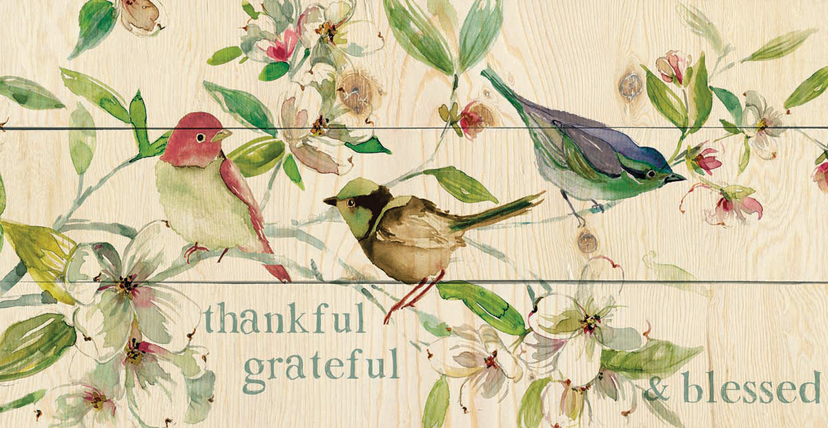 Grateful Thankful Blessed Birds by Carol Robinson  - handcrafted wall art work on large canvas & framed canvas prints, made to order