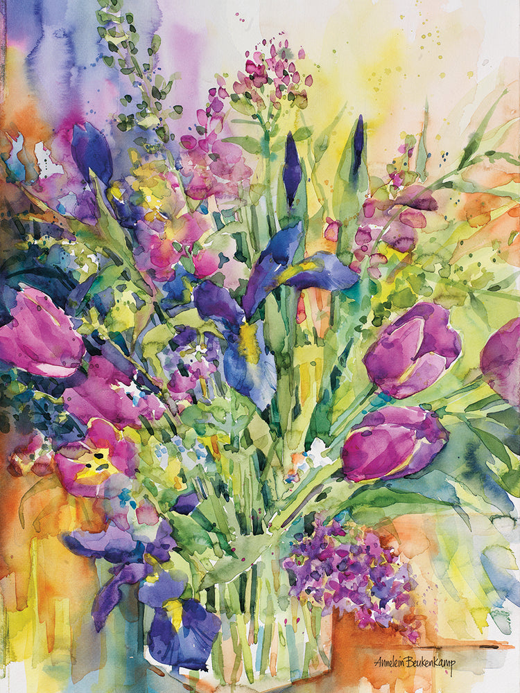 Iris Blue And Tulips Too by Annelein Beukenkamp - lowest price wall art work on large canvas & framed canvas prints