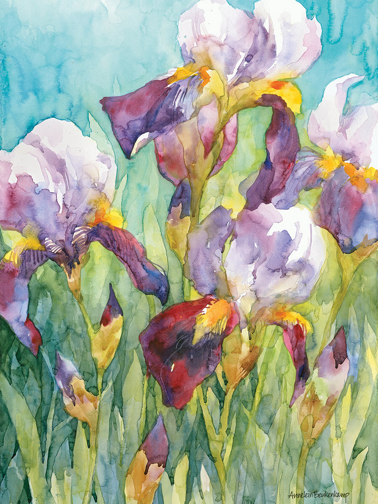 Iris Blue Skies by Annelein Beukenkamp  - handcrafted wall art work on large canvas & framed canvas prints, made to order