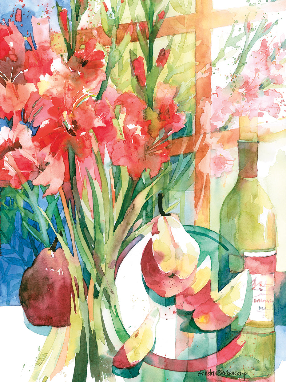 Pears & Gladiolas by Annelein Beukenkamp  - highest quality handcrafted wall art work on large canvas & framed canvas prints