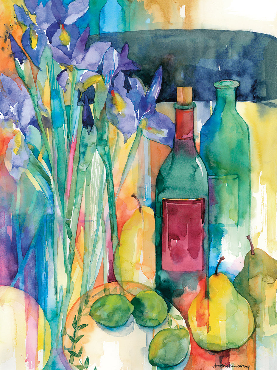 Table Scape With Irises by Annelein Beukenkamp - lowest price wall art work on large canvas & framed canvas prints