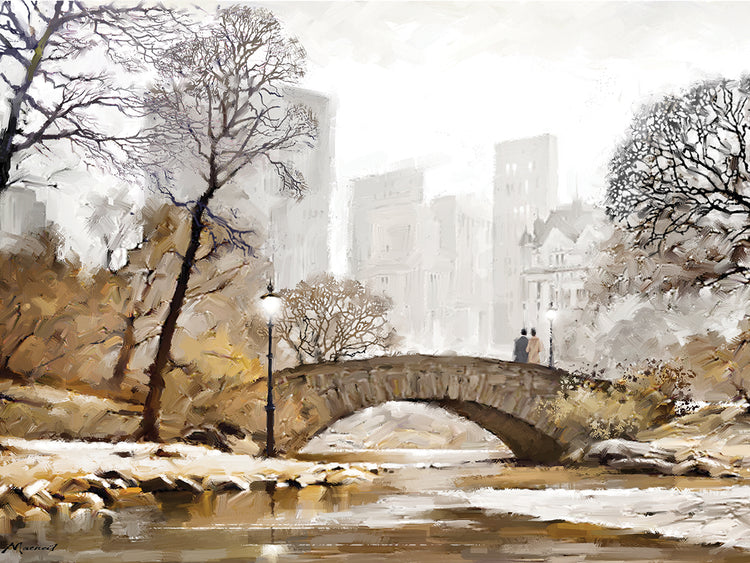 Gapstow Bridge by The Macneil Studio is a peaceful winter cityscape  painting printed on canvas or framed canvas