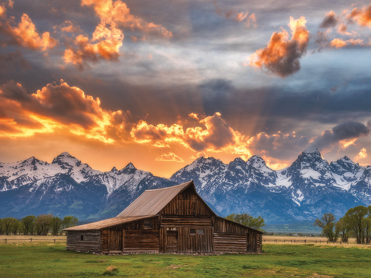Moulton barn sunset fire