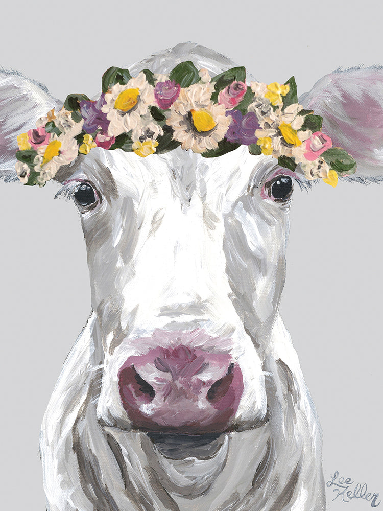 Cow Mabel With Flowers On Gray