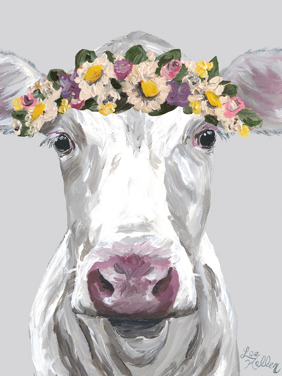 Cow Mabel With Flowers On Gray