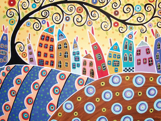 Swirl Tree and 11 Houses Canvas Art