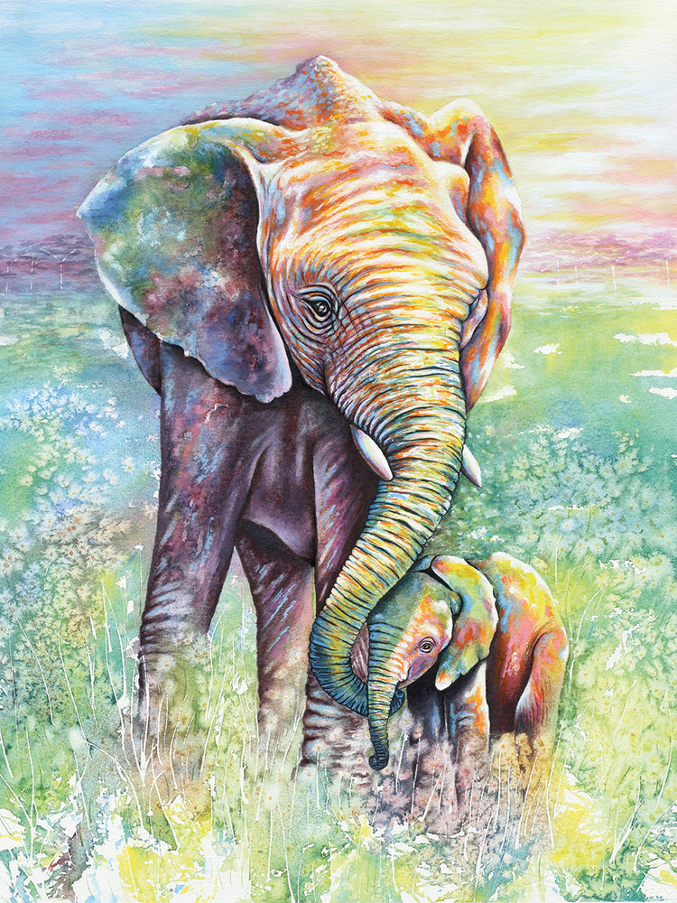 Mother & Baby Elephant Rainbow Colors
