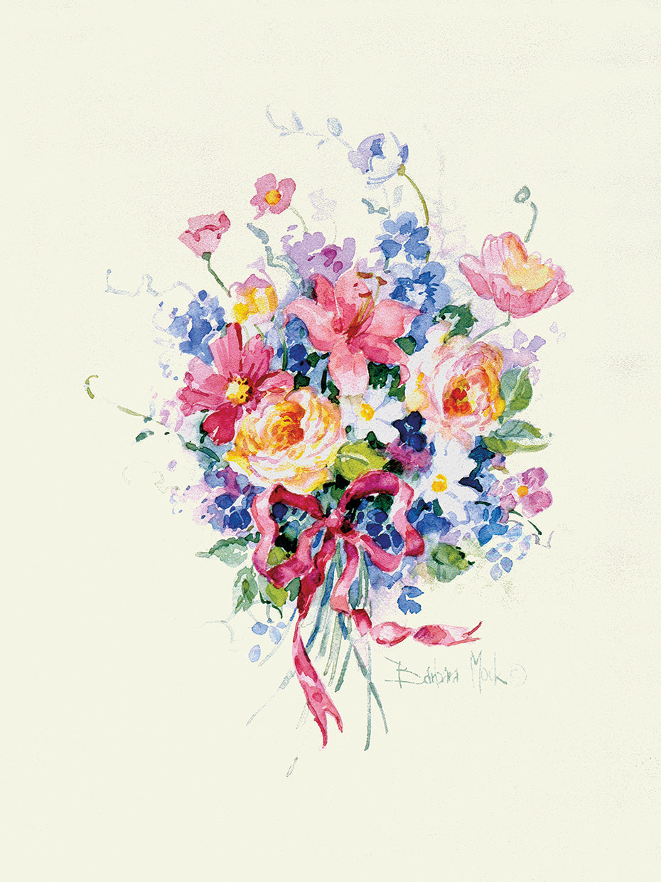 Ramo de acuarela, arte de lienzo con cinta rosa