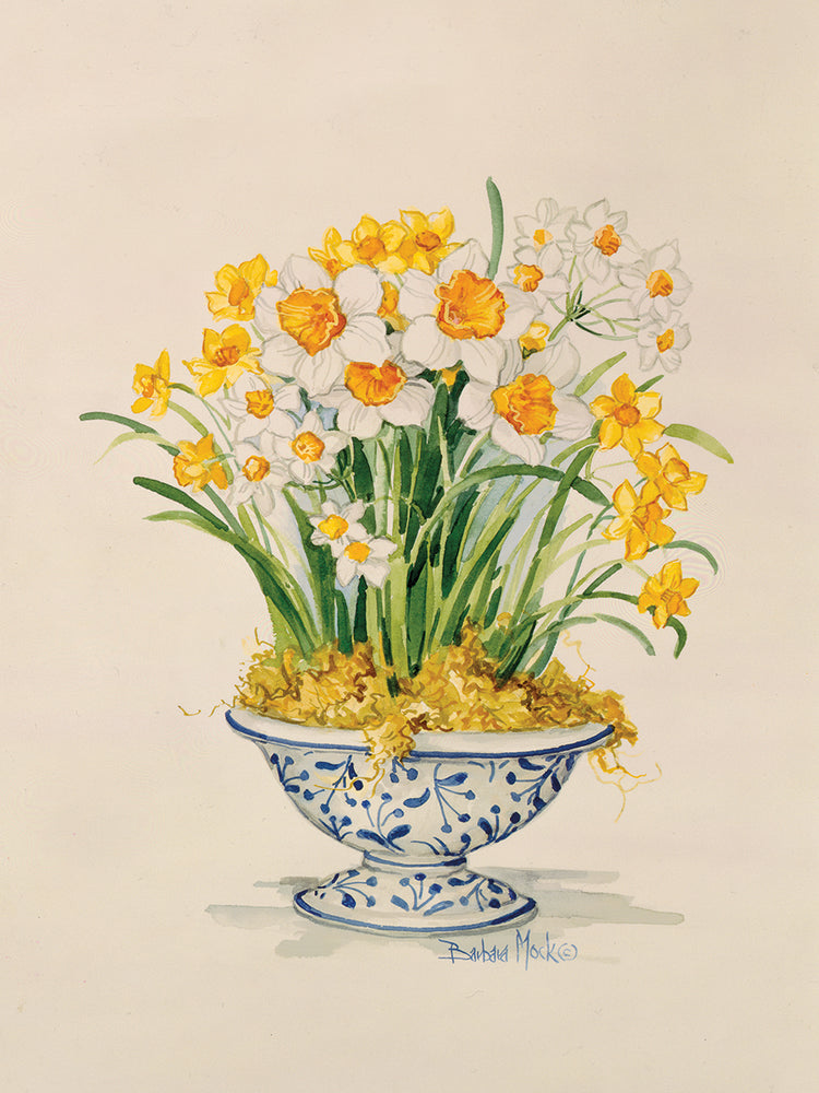 Lienzo de narcisos de porcelana azul y blanca