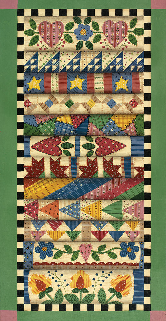 Stack Of Quilts With Light Green Border 1