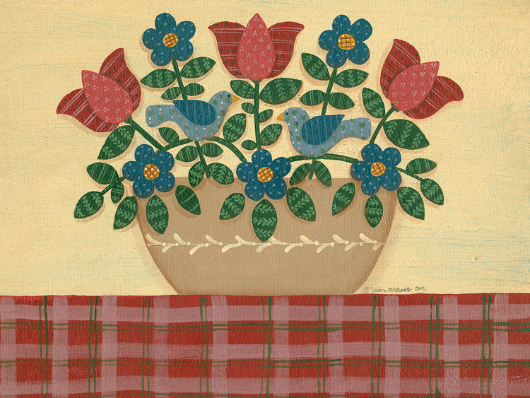 Red & Blue Flowers With Red Tablecloth