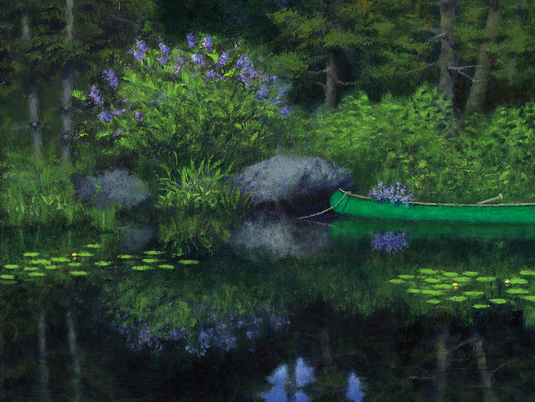 Arte de la lona de la canoa en el lago