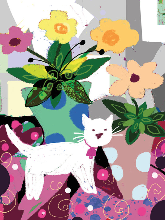 White Kitty And Flowers Canvas Art