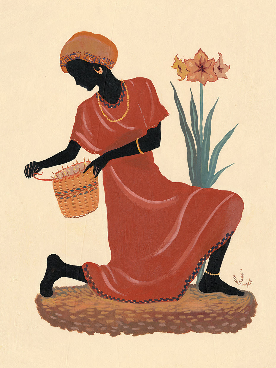 Kneeling Left Weaving Basket - Orange Dress