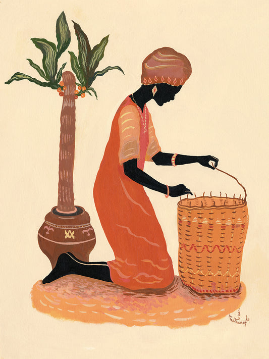 Kneeling Right Weaving Basket - Orange Dress