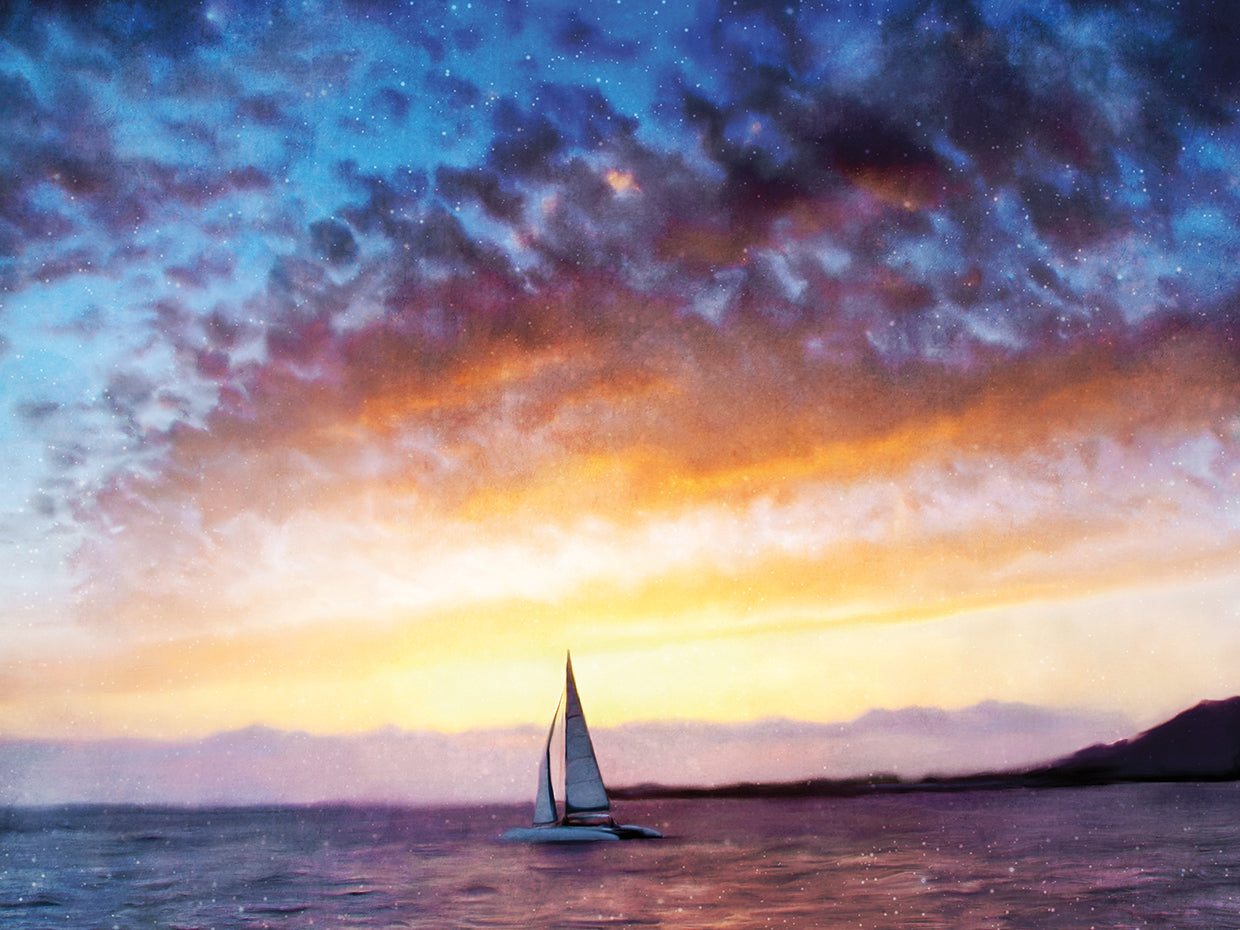 Arte de la lona de la puesta del sol del velero solitario