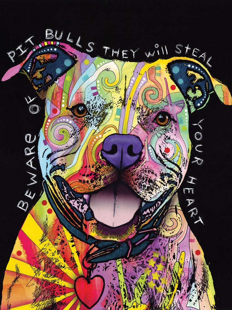 Beware of Pit Bulls by Dean Russo is a colorful and boldly patterned pet painting printed on canvas or framed canvas