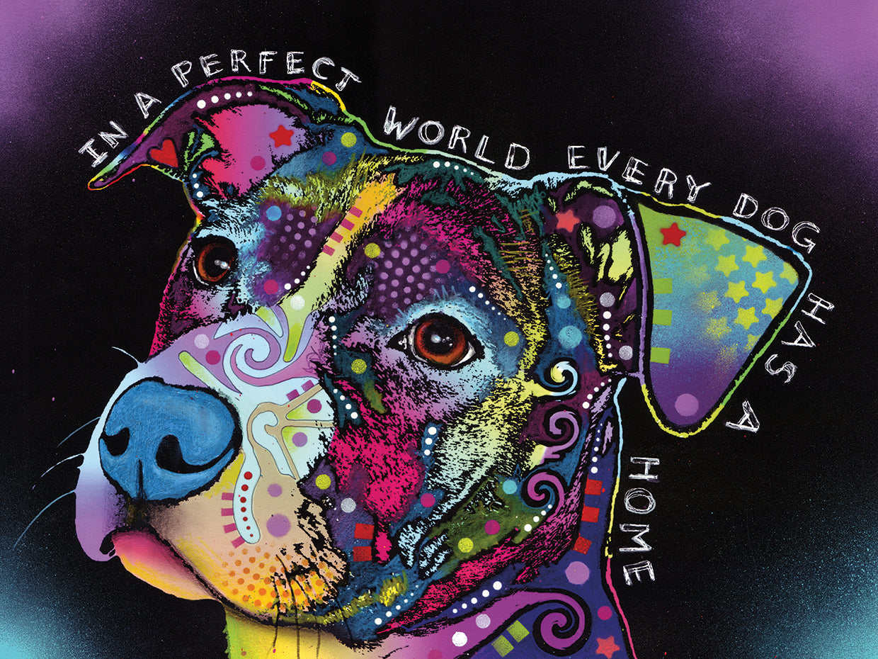In a Perfect World by Dean Russo is a colorful and boldly patterned dog painting printed on canvas or framed canvas