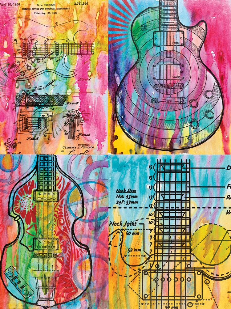 Four Guitars - highest quality handcrafted wall art work on large canvas & framed canvas prints by Dean Russo 