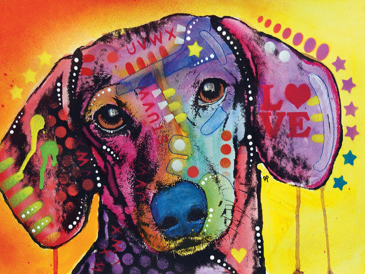 Tilt Dachshund Love - highest quality handcrafted wall art work on large canvas & framed canvas prints by Dean Russo 