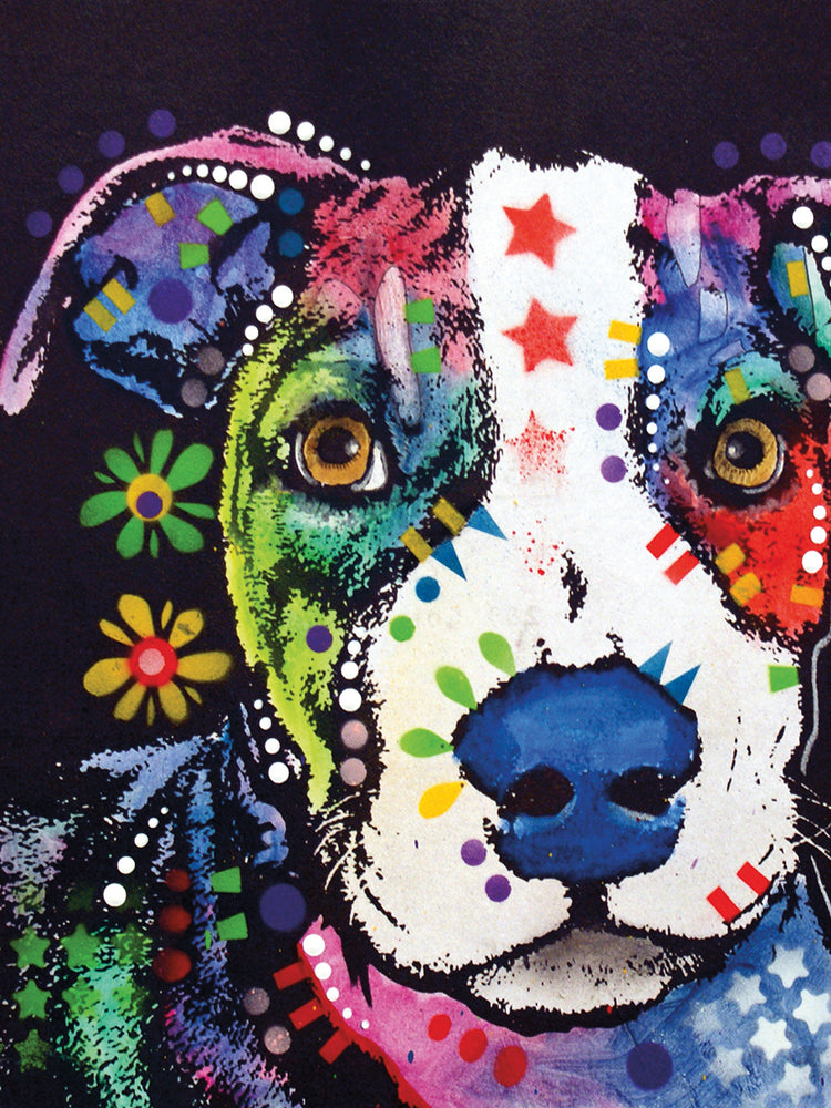 Pit 2 by Dean Russo is a colorful and boldly patterned pet painting printed on canvas or framed canvas