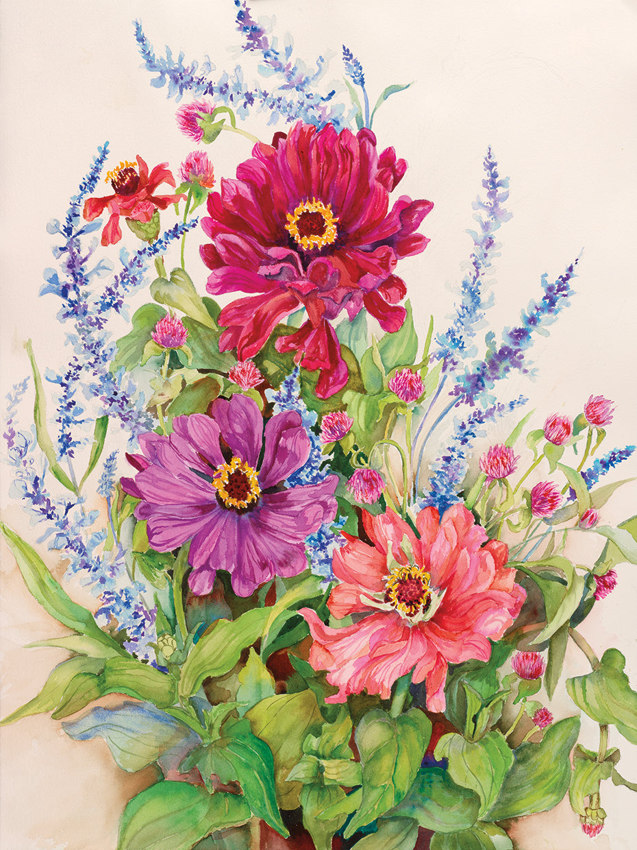 Zinnias and Blue Salvias